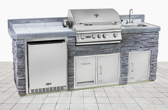 Boca Grande Luxury Florida Style Outdoor Kitchen: Grey Stone and Outdoor Grill, Fridge, Sink | The Recreational Warehouse Resort Collection