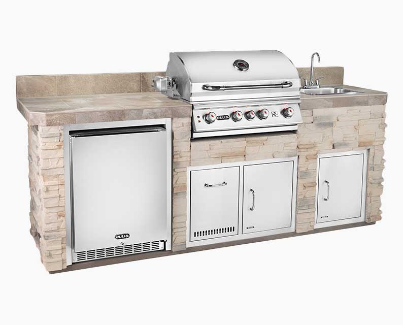 Boca Grande Florida Style Outdoor Kitchen: Grey Stone and Outdoor Grill, Fridge, Sink | The Recreational Warehouse Resort Collection