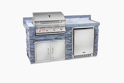 Marco Island Florida Style Outdoor Kitchen: Grey Stone and Outdoor Grill, Fridge | The Recreational Warehouse Resort Collection
