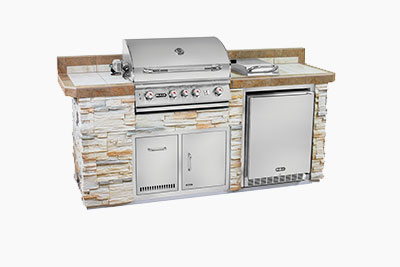 Sanibel Luxury Florida Style Outdoor Kitchen: Tan Stone and Outdoor Grill, Fridge | The Recreational Warehouse Resort Collection