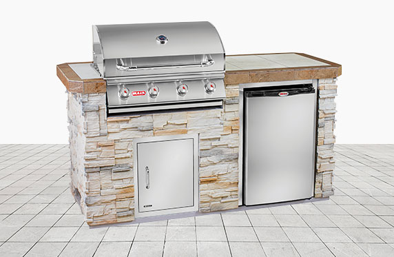Siesta Key Florida Style Outdoor Kitchen: Tan Stone and Outdoor Grill, Fridge | The Recreational Warehouse Resort Collection